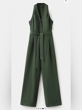 Mango Khaki Olive Green Halter-Neck Jumpsuit with Belt Sleeveless Wide-Leg